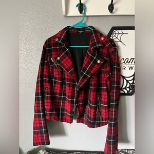 Torrid Red and Black Plaid Flannel Moto Crop Coat